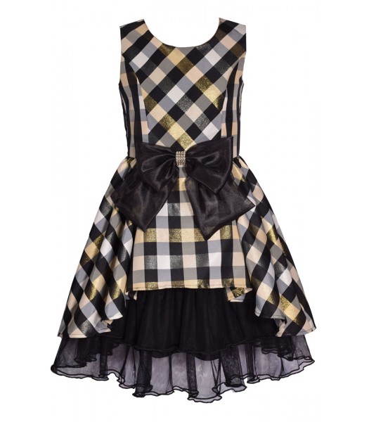 Bonnie Jean Gold/Black Princess Plaid Bow Dress